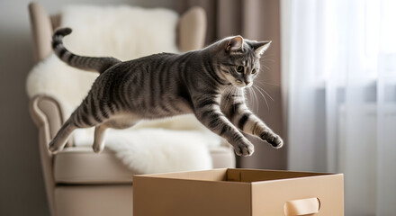 Obraz na płótnie Canvas Playful Tabby Cat Leaping into Cardboard Box Home Fun