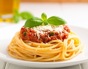 Spaghetti with tomato sauce, basil and parmesan
