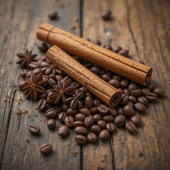 Anise, cinnamon sticks, and coffee beans arranged on a rustic wooden background, creating.