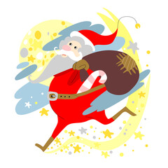 Vector illustration of a cheerful Santa Claus running in the sky on the stars with a bag of gifts