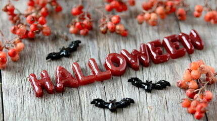 Halloween decorations with red lettering and black bats on wood  