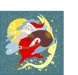 Vector illustration of a cheerful Santa Claus running in the sky on the stars with a bag of gifts