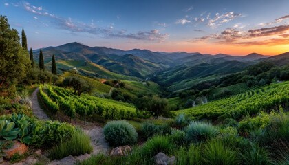Panoramic vineyard landscape at sunrise (1)