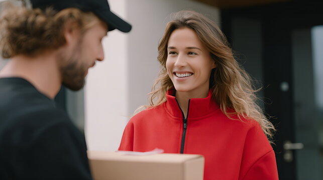 Woman smiling while receiving a delivery from a courier at home