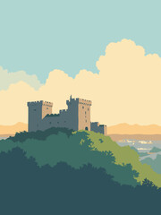 Obraz premium Stafford, United Kingdom – Stafford Castle ruins on hilltop with town vista in stone gray, heath green, sky blue, and dawn gold