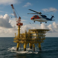  Helicopter Approaching Offshore Oil Rig
