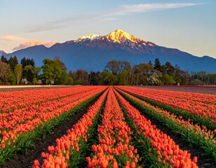 Sunlit Tulip Field Stretching to the Horizon with Mountain Background