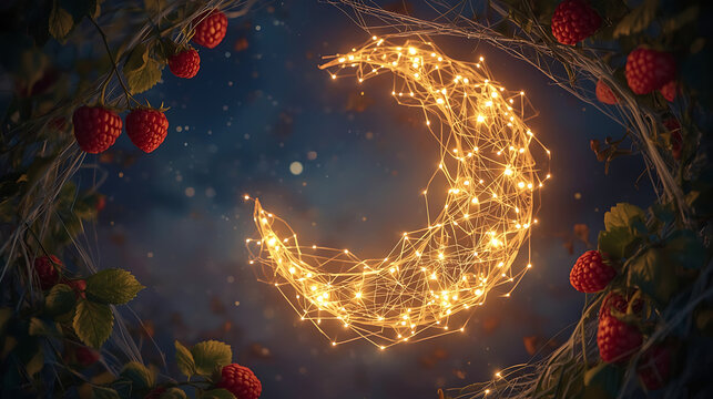 A glimmering crescent moon, encircled by golden fairy lights, delicate vines, and shimmering cobwebs, creates a magical, fantasy atmosphere amidst a dreamy night sky with soft stars. - Powered by Adobe