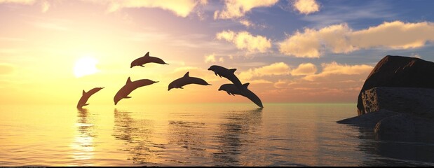 Dolphins are jumping at sunset. Sea landscape at sunset. 3D rendering © ustas