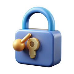 3d rendering of a blue padlock with a golden key inserted into the lock isolated on transparent background