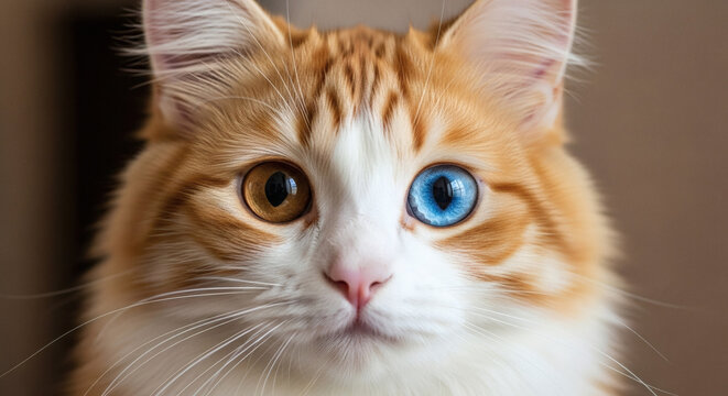 Close-Up Portrait of Fluffy Ginger and White Cat with Heterochromia Eyes