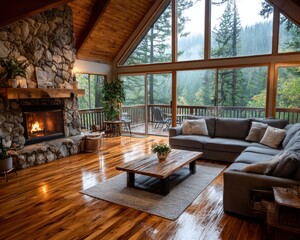 Cozy cabin living room with fireplace (1)