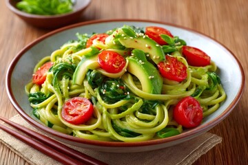 Creamy avocado pasta with spinach and cherry tomatoes sprinkled with sesame seeds