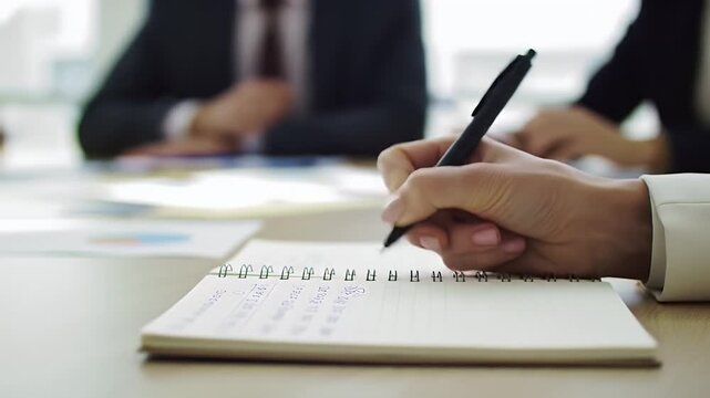 Close Up of Hand Writing in Notepad During Meeting with Blurred Background and Wooden Table Surface