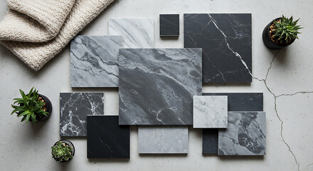 Marble and Concrete Tile Samples Modern Selection on Grey Background