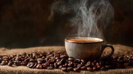A steaming cup of coffee surrounded by roasted beans on a textured surface, creating a cozy atmosphere