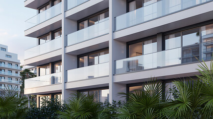 Fototapeta premium Modern Apartment Building Facade with Glass Balconies and Windows architecture