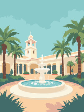 Fareham, United Kingdom &ndash; Fareham Shopping Centre fountains and palms in fountain white, building cream, palm green, and sky azure