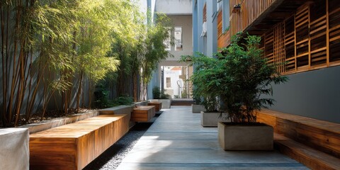 Fototapeta premium Modern architectural courtyard with wooden benches and lush green plants creating quiet and peaceful atmosphere
