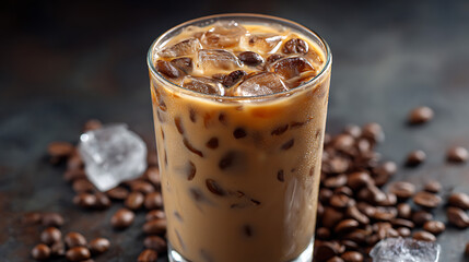 Refreshing iced coffee drink served in a glass with ice cubes, surrounded by coffee beans