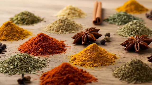 Assortment of Colorful Spices Displayed on Rustic Wooden Surface