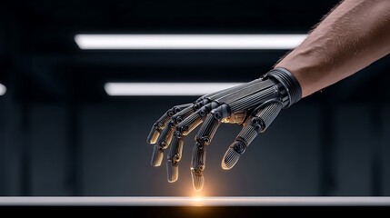 Close-up of futuristic robotic arm touching object, detailed human-robot interaction