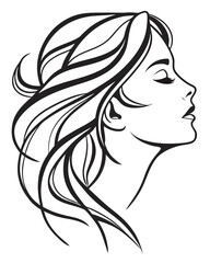 Minimalist one-line drawing of a woman's face in profile with flowing hair, elegant and abstract, black lines on a white background, high contrast, suitable for modern wall art