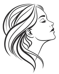 Minimalist one-line drawing of a woman's face in profile with flowing hair, elegant and abstract, black lines on a white background, high contrast, suitable for modern wall art