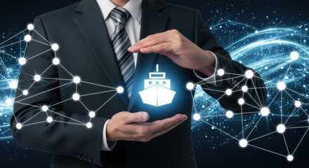 Professional businessman safeguarding glowing ship icon within dynamic digital network, symbolizing logistics and global trade security