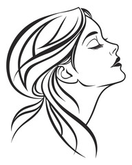 Minimalist one-line drawing of a woman's face in profile with flowing hair, elegant and abstract, black lines on a white background, high contrast, suitable for modern wall art