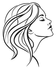 Minimalist one-line drawing of a woman's face in profile with flowing hair, elegant and abstract, black lines on a white background, high contrast, suitable for modern wall art