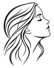 Minimalist one-line drawing of a woman's face in profile with flowing hair, elegant and abstract, black lines on a white background, high contrast, suitable for modern wall art
