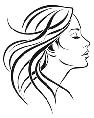 Minimalist one-line drawing of a woman's face in profile with flowing hair, elegant and abstract, black lines on a white background, high contrast, suitable for modern wall art
