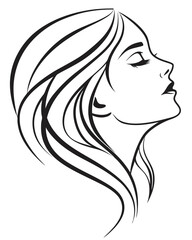 Minimalist one-line drawing of a woman's face in profile with flowing hair, elegant and abstract, black lines on a white background, high contrast, suitable for modern wall art