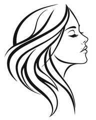 Minimalist one-line drawing of a woman's face in profile with flowing hair, elegant and abstract, black lines on a white background, high contrast, suitable for modern wall art
