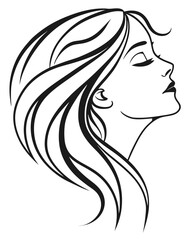 Minimalist one-line drawing of a woman's face in profile with flowing hair, elegant and abstract, black lines on a white background, high contrast, suitable for modern wall art