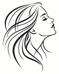 Minimalist one-line drawing of a woman's face in profile with flowing hair, elegant and abstract, black lines on a white background, high contrast, suitable for modern wall art