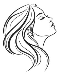 Minimalist one-line drawing of a woman's face in profile with flowing hair, elegant and abstract, black lines on a white background, high contrast, suitable for modern wall art