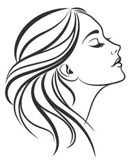 Minimalist one-line drawing of a woman's face in profile with flowing hair, elegant and abstract, black lines on a white background, high contrast, suitable for modern wall art