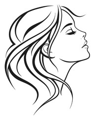Minimalist one-line drawing of a woman's face in profile with flowing hair, elegant and abstract, black lines on a white background, high contrast, suitable for modern wall art