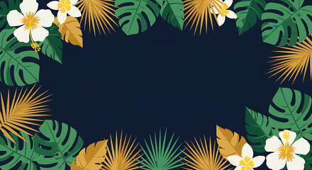 Minimal Tropical Leaf and Flower Border Dark Background Vector Illustration