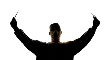 Surgical procedure action by surgeon operating room medical silhouette isolated on transparent background, png