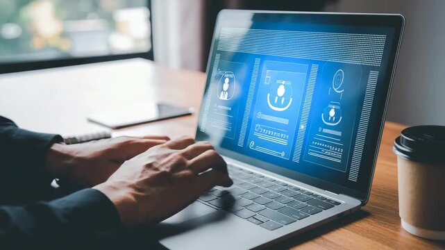 Professional analyzing digital data on laptop, modern interface with charts and user profiles, busy work day - Powered by Adobe