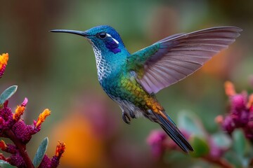 Obraz premium A vibrant hummingbird with outstretched wings hovering near colorful flowers in soft focus background