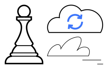 Chess pawn beside cloud with synchronization arrows and abstract cloud lines. Ideal for strategy, leadership, innovation, data storage, planning, adaptability, simple landing page