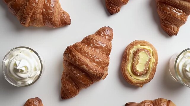 Flat Lay of Golden Croissants and Cream Filled Pastry on White Background