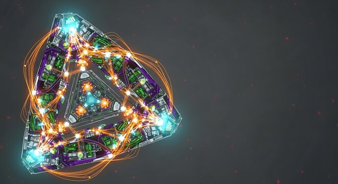 Abstract Triangular Network: Futuristic Technology, Data Flow, Connectivity,  Digital Innovation,  Cyberpunk Style, Glowing Lines, Dark Background.