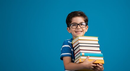Happy young boy wearing glasses and a blue striped shirt, holding a large stack of books with a bright smile on his face, set against a solid blue background.