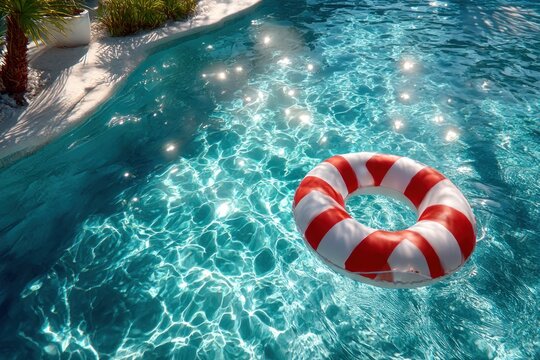 Swimming pool with red and white inflatable ring