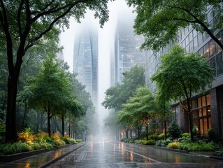 Rainy city street with tall buildings (1)